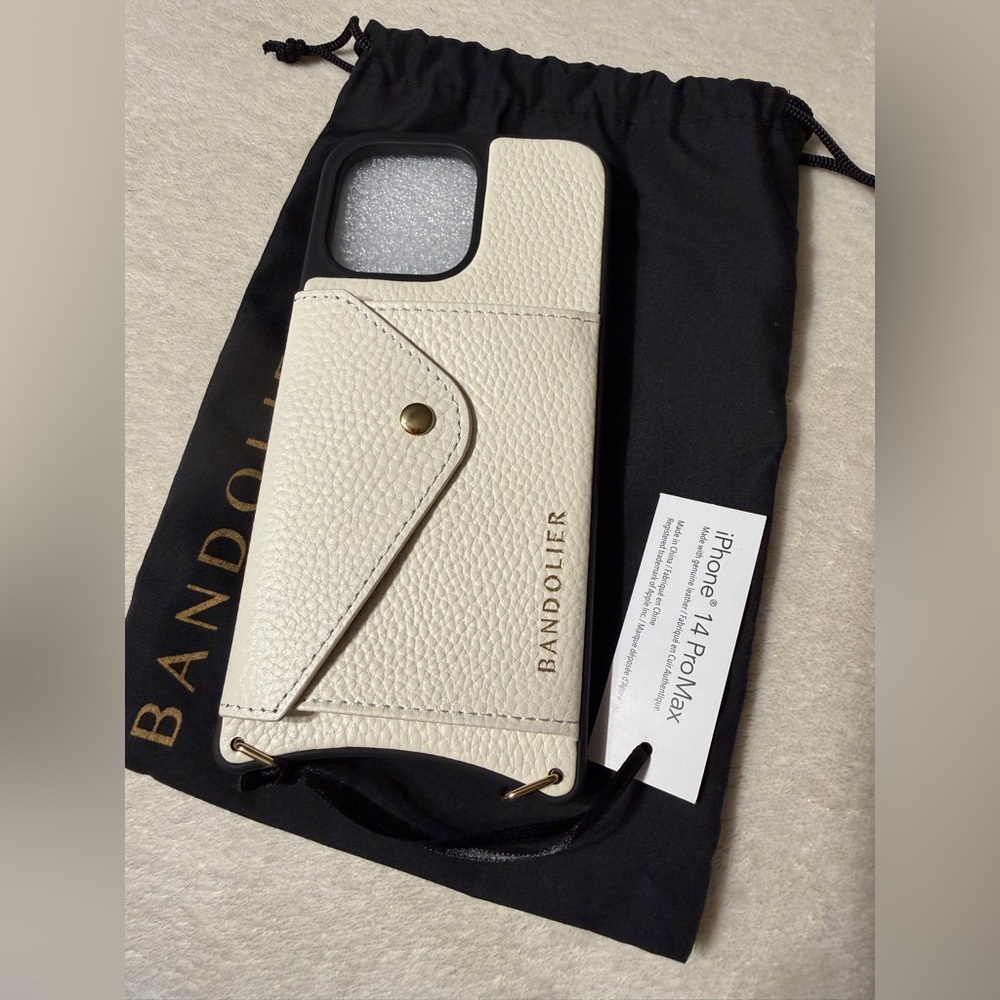 Bandolier Leather Card Wallet iPhone 14 Pro Max Case Cream with Gold